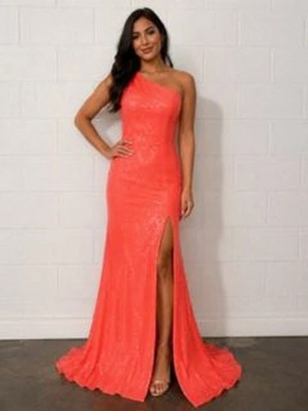 Sophia Thomas Orange Sequin One-Shoulder Side Slit Gown